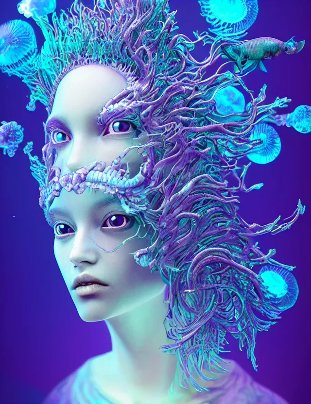 Image similar to 3 d goddess macro close - up portrait wigh crown made of ram skull. betta fish, jellyfish phoenix, bioluminiscent, plasma, ice, water, wind, creature, super intricate ornaments artwork by tooth wu and wlop and beeple and greg rutkowski