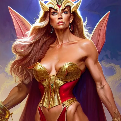 Image similar to Denise Richards as She-Ra, western, D&D, fantasy, intricate, elegant, highly detailed, digital painting, artstation, concept art, matte, sharp focus, illustration, art by Artgerm and Greg Rutkowski and Alphonse Mucha