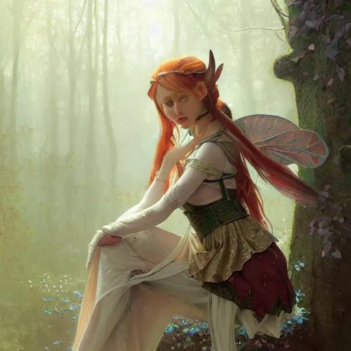 Image similar to elf fairy with a lute wearing a cardigan, blonde, highly detailed, intricate, digital painting, artstation, sharp focus, illustration, art by jakub rozalski, greg rutkowski, artgerm, tan zi and ayanamikodon and alphonse mucha and wlop