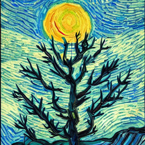 Prompt: a tree on the peak of a tall mountain in colorado in van gogh style