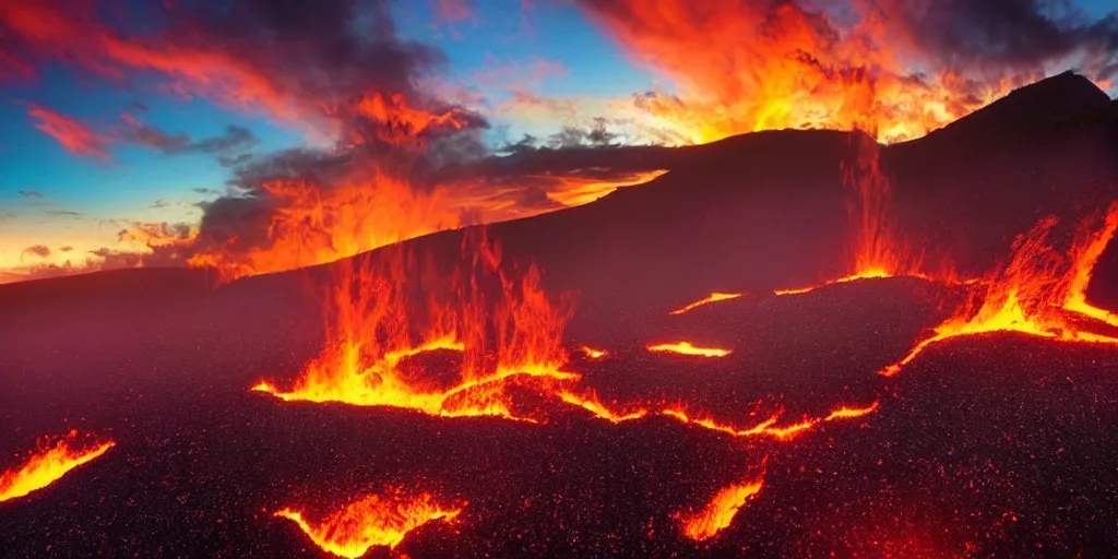 Image similar to award winning photo of Hawaii volcanic landscape, golden hour, by Peter Lik,