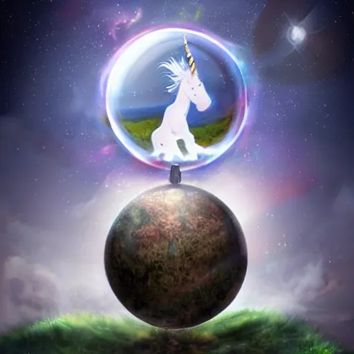 Image similar to Magical glowing sphere in midair containing a white celestial unicorn trapped inside it. The unicorn is inside the sphere. A burnt landscape is in the background. The sphere is held up by sinister rusting steel pincers that reach from the ground. Fantasy art in the style of Anne Stokes.