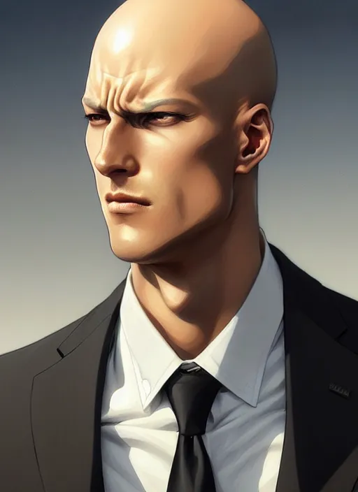 Image similar to ultra realistic illustration, handsome saitama. intricate, elegant, black suit, highly detailed, digital painting, artstation, concept art, smooth, sharp focus, illustration, art by artgerm and greg rutkowski and alphonse mucha and wlop