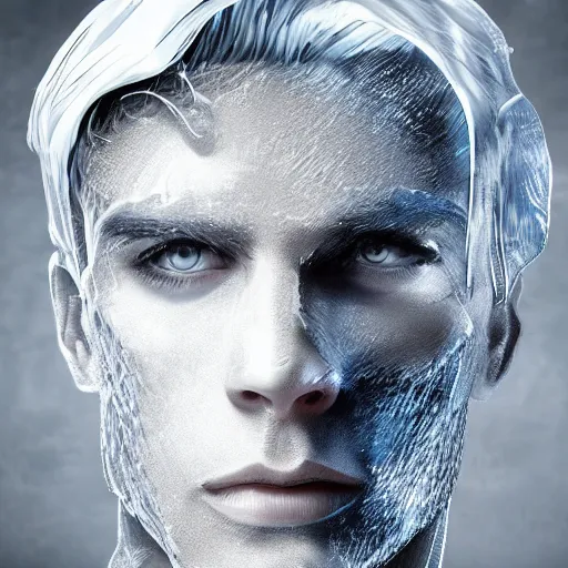 Prompt: man portrait made out of ice, beautiful, cyborg, comic book art, highly detailed, blond hair