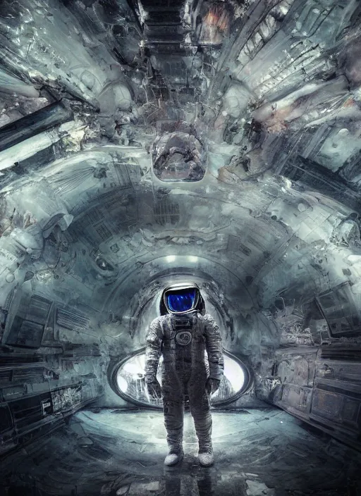 Prompt: concept art by craig mullins infrared complex and hyperdetailed technical astronaut dancing in futuristic dark and empty mirrored room underwater. reflection and dispersion materials. mandelbulb fractal. rays and dispersion of light. volumetric light. 5 0 mm, f / 3 2. noise film photo. flash photography. unreal engine 4, octane render. interstellar movie art