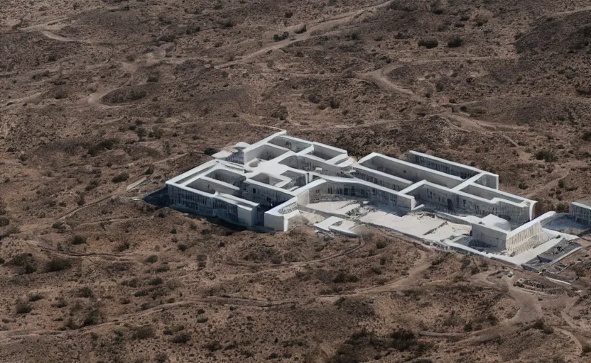 Prompt: tectonic structure, medical complex, in the desert beside the gulf, view from above, design by peter zumthor, dezeen, architectural photography