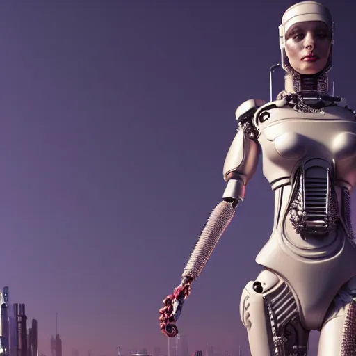 Image similar to a beautiful highly detailed futuristic mechanical lady, seductive confident pose, art by geof darrow, cyberpunk, featured on artstation, 4 k, octane render