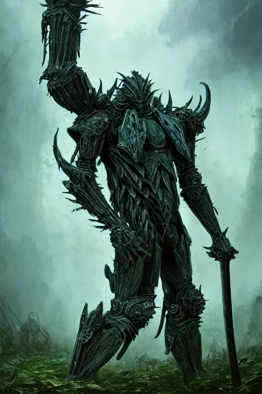 Image similar to neo - gothic giant muscular humanoid chimera, exoskeleton armor, holding katana, dystopian ruins covered in vegetation, highly detailed smooth concept art masterpiece, vitaly bulgarov giger dramatic dark teal light, ground angle hd 8 k, sharp focus