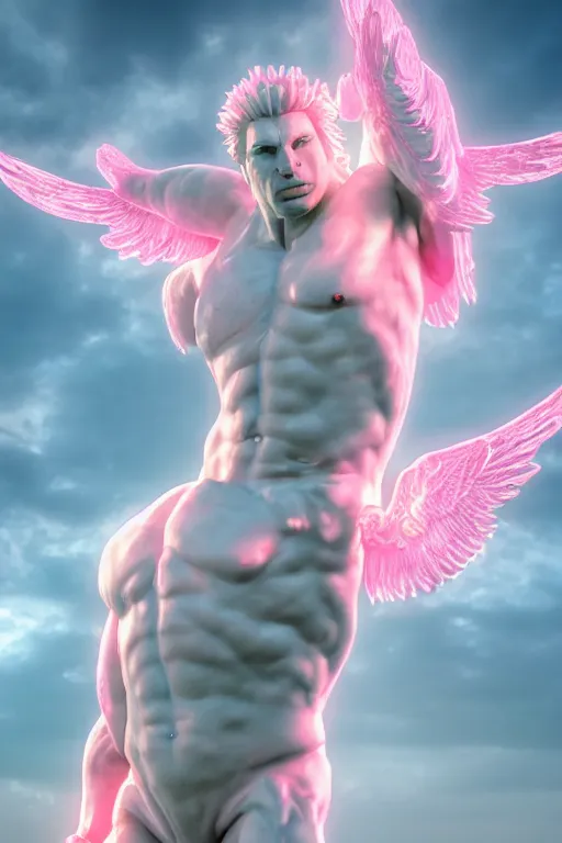 Prompt: photo of fullbody rococo delicate neon pink sculpture of a hulking herculean muscular onyx albino marble brock lesnar as an iridescent humanoid deity, angelic halo, wings, sunrays, cinematic lighting, photorealistic, octane render, 8 k, depth of field, 3 d