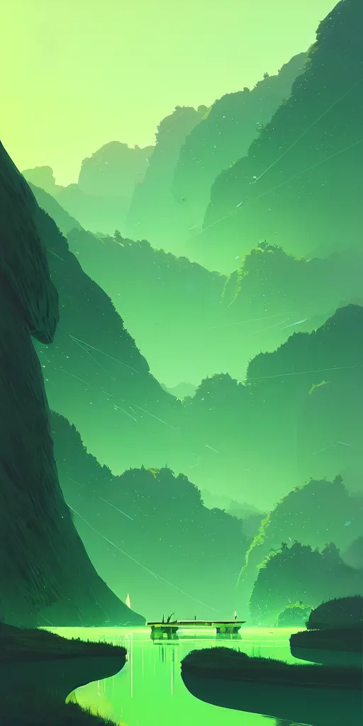 Image similar to by moebius and atey ghailan | a bright green river with clear crystal boats moving up and down it |