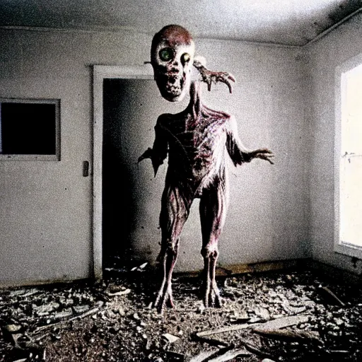 Image similar to 1 9 8 3, found footage, flash, old abandoned house, creepy mutant flesh creature, flesh blob