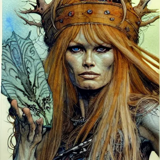 Image similar to a realistic and atmospheric watercolour fantasy character concept art portrait of brigitte bardot as a druidic warrior wizard looking at the camera with an intelligent gaze by rebecca guay, michael kaluta, charles vess and jean moebius giraud