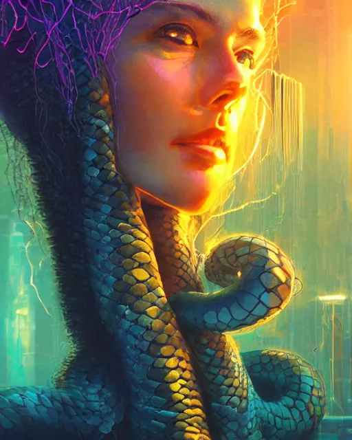 Image similar to a cyberpunk extreme close up portrait of cyborg medusa, electricity, snakes in hair, sparks, bokeh, soft focus, skin tones, warm, sky blue, sunny sky, by paul lehr, jesper ejsing