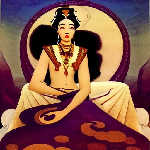 Image similar to an illustration of an ivory skin with dark curly hair queen on a throne, by nicholas roerich, by frank frazetta by georgia o keeffe by frederick william elwell, by hans emmenegger, by eyvind earle highly detailed, realistic, outline, line work, fantasy, oriental, stylised flat colors, animation