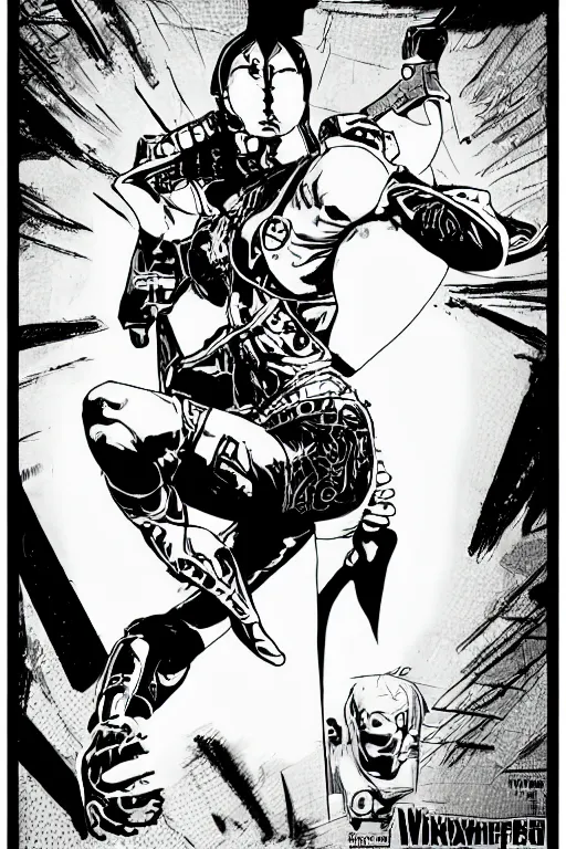 Prompt: cyborg ninja doing kung fu, a page from cyberpunk 2 0 2 0, style of paolo parente, style of mike jackson, adam smasher, johnny silverhand, 1 9 9 0 s comic book style, white background, ink drawing, black and white