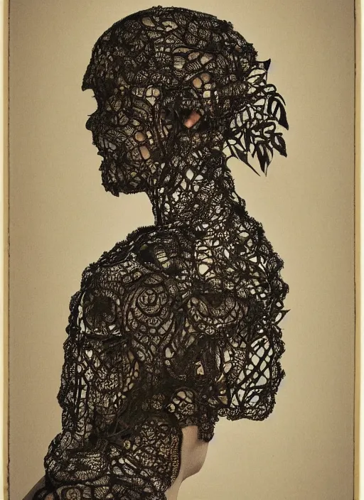 Image similar to a woman's face in profile, made of intricate decorative lace leaf skeleton, in the style of the dutch masters and gregory crewdson, dark and moody