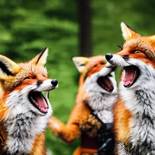 Image similar to a group of fox animals dressed in modern american military soldier uniforms, foxes laughing at a computer, 8 5 mm f / 1. 4