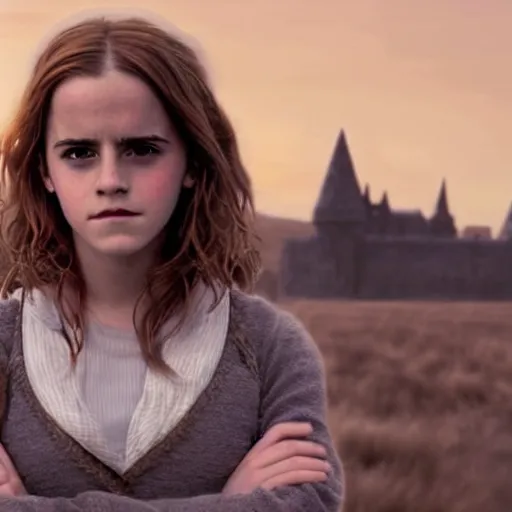 Image similar to Still of Emma Watson as Hermione Granger. Prisoner of Azkaban. During golden hour. Extremely detailed. Beautiful. 4K. Award winning.