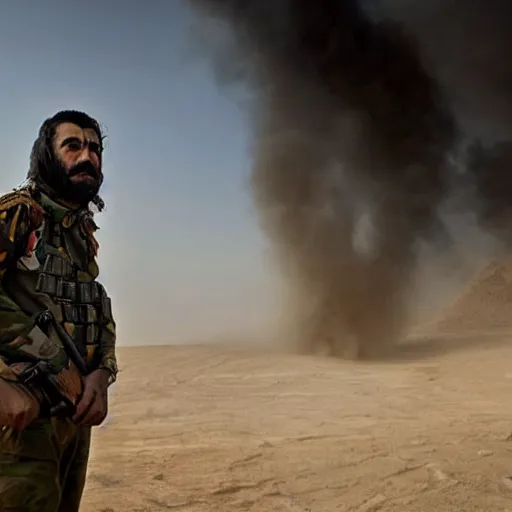 Prompt: kurdish general in a movie directed by christopher nolan, movie still frame, promotional image, imax 7 0 mm footage, strong and imposing