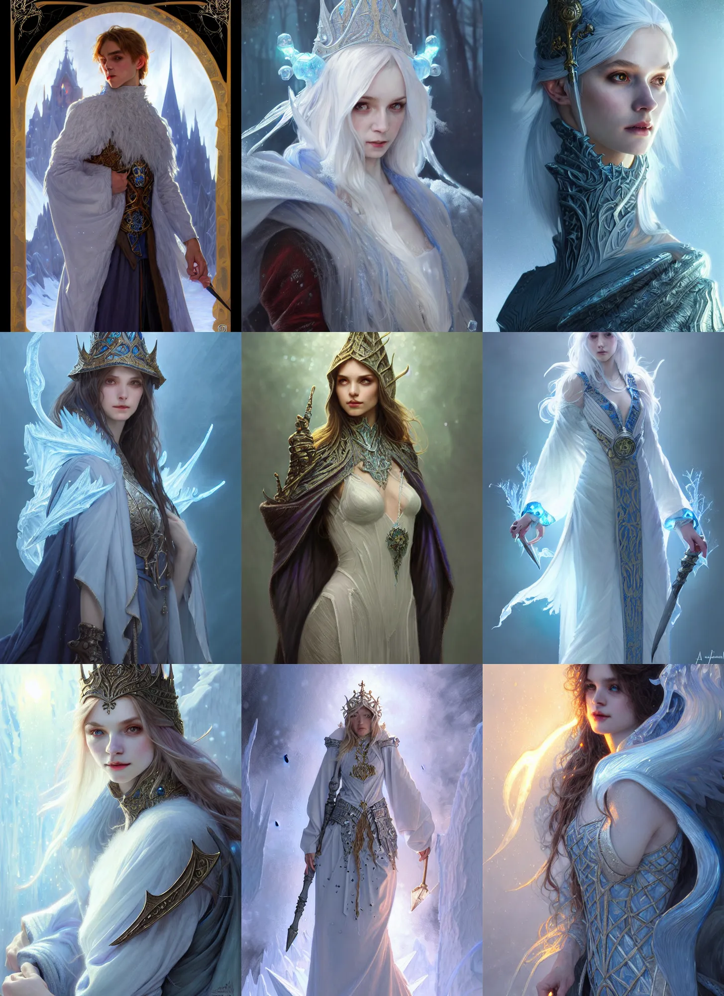 Prompt: ice wizard, wizard clothes, fantasy, diffuse lighting, fantasy, intricate, elegant, highly detailed, lifelike, photorealistic, digital painting, artstation, illustration, concept art, smooth, sharp focus, art by john collier and albert aublet and krenz cushart and artem demura and alphonse mucha