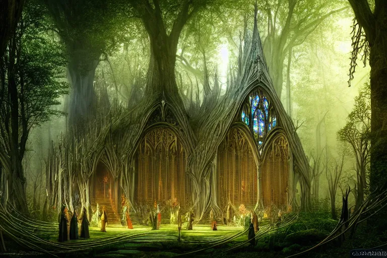 Image similar to a beautiful and highly detailed digital painting of an elven cathedral in a mystical forest, lothlorien, rivendell, mirkwood, celtic designs, intricate details, epic scale, hyperdetailed, hyperrealism,, artstation, cgsociety, 8 k, sharp focus, by caspar friedrich, james gurney, zeen chin, brian froud,