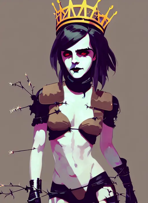 Prompt: portrait of cute goth emma watson with crown of thorns in cyber bikini armor, warhammer, cyberpunk, by atey ghailan, by greg rutkowski, by greg tocchini, by james gilleard, by joe fenton, by kaethe butcher, dynamic lighting, gradient light blue, brown, blonde cream and white color in scheme, grunge aesthetic
