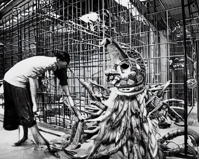 Prompt: scientists studying quetzalcoatl locked in a cage in a warehouse, 1 9 5 0's sci - fi, black and white, 8 k, highly ornate intricate details, extreme detail,