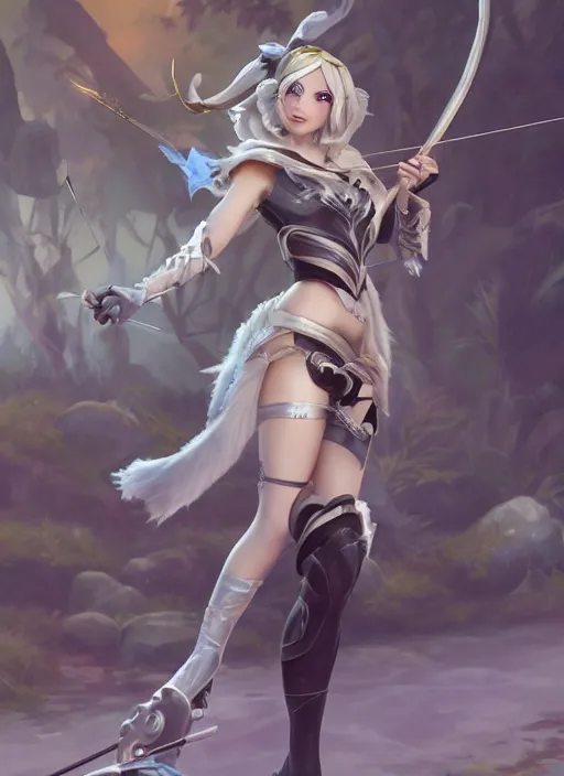 Image similar to ashe, from league of legends, shooting arrows with a silver bow, wearing fluffy skin, long skirt, hyper detailed, digital art, trending in artstation, cinematic lighting, studio quality, zoom in, smooth render, unreal engine 5 rendered, octane rendered, art style by klimt and nixeu and ian sprigger and wlop and krenz cushart