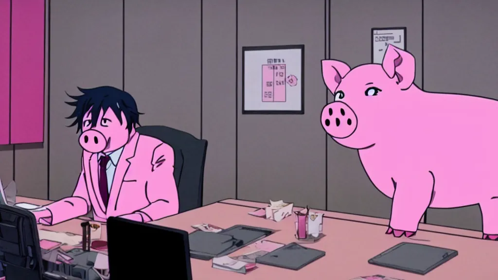 Image similar to a man wearing a pink suit and a pink pig mask sitting in an office, anime film still from the an anime directed by Katsuhiro Otomo with art direction by Salvador Dalí, wide lens