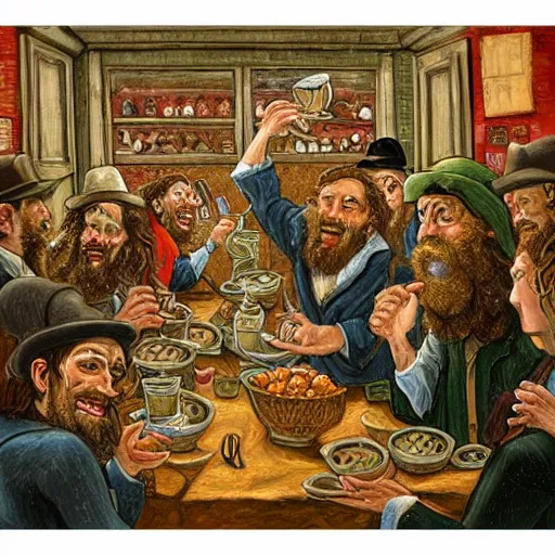 Image similar to monumental, chaotic by mark briscoe. a beautiful street art of a group of people gathered around a table in a tavern. they are all eating & drinking, & appear to be enjoying themselves.