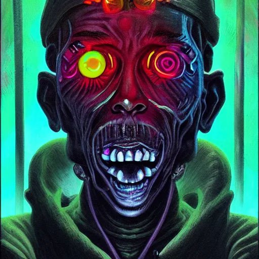 Image similar to a death tarot featuring a haitian voodoo priest with menacing eyes, blacklight neon colors, by anton semenov and android jones in cyberpunk voodoo style, oil on canvas, 8k