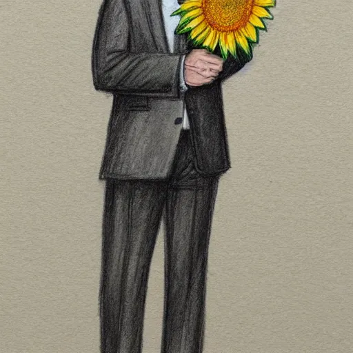 Image similar to full body shot of a man with a sunflower instead of a head wearing a business suit, color pencil sketch