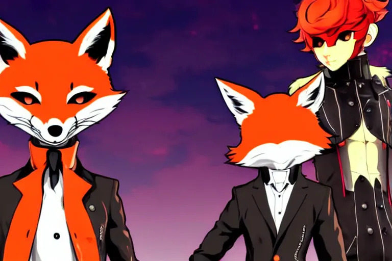 Image similar to a furry tan male fox on a persona 5 : royal ( by atlus ) video game splash screen, a furry male sandcolored tan fox fursona ( has hair ), persona 5 phantom thief style