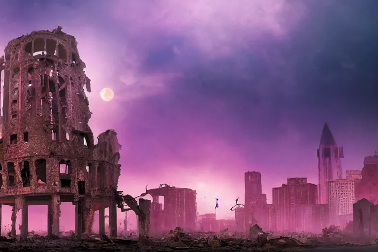 Image similar to Stunning photorealistic background of a city in ruin in a strange purple dimension with a large red sun looming in the distance on a rainy and foggy day, A large tower stands in the center of the crumbling buildings, parallax background