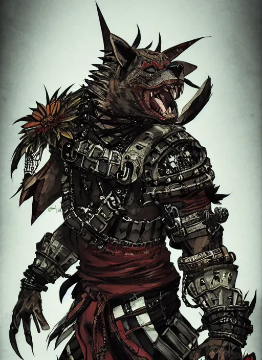 Image similar to Full body portrait of a scarred gnoll with ornate shinobi apparel. In style of Yoji Shinkawa and Hyung-tae Kim, trending on ArtStation, dark fantasy, great composition, concept art, highly detailed, dynamic pose.