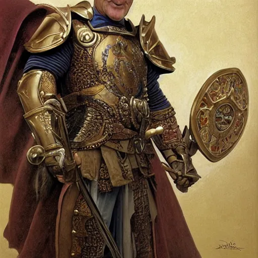 Image similar to an ultradetailed portrait of robin williams dressed as a fantasy holy paladin, carrying a large tower shield, d & d, fantasy, intricate, elegant, highly detailed, digital painting, matte, sharp focus, illustration, plate armor, god rays, art by john collier and albert aublet and krenz cushart and artem demura and alphonse mucha