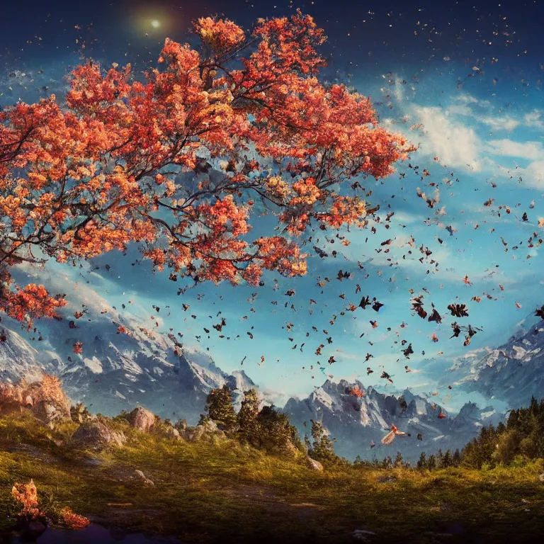 Image similar to a beautiful awesome artistic tree with falling flowers like leaves and many birds, all in the amazing outdoors view, mountain in the background, lake, long exposure, 8 k resolution, trending on artstation