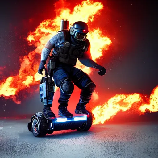 Image similar to Montagne from Rainbow Six Siege standing on a hoverboard with explosions and flames behind him, realistic, HDR, 8k, trending on artstation