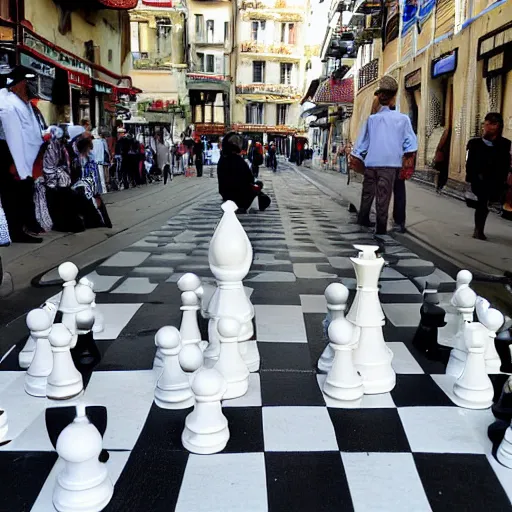 Prompt: street of the city of chess where everyone wears black or white cloth with chess piece like hats