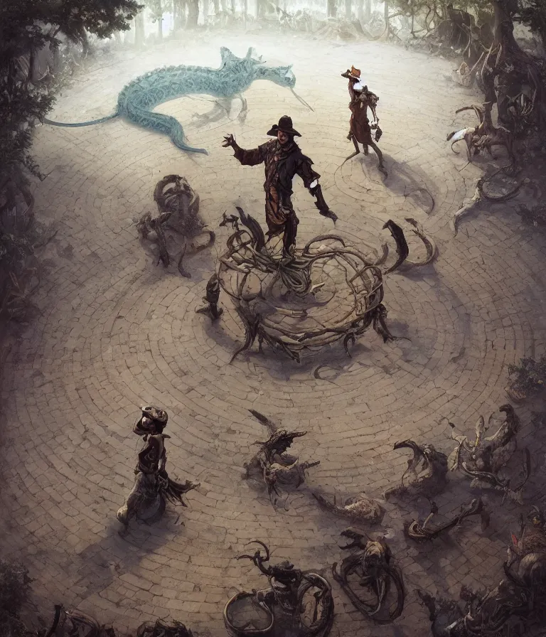 Image similar to a cowboy druid snake oil salesman standing in a circle at the bull run at the beginning of the world by peter mohrbacher and james jean