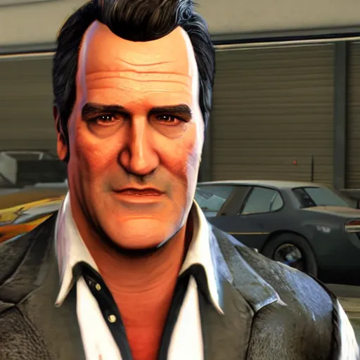 Image similar to a screenshot of bruce campbell in gta 5. 3 d rendering. unreal engine. amazing likeness. very detailed. cartoon caricature