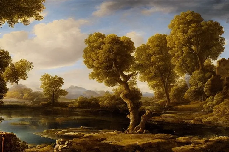 Prompt: beautiful landscape with river and oak trees, mythology, fantasy, landscape background, vivid colors, digital painting, very detailed, realistic, high quality, by claude lorrain