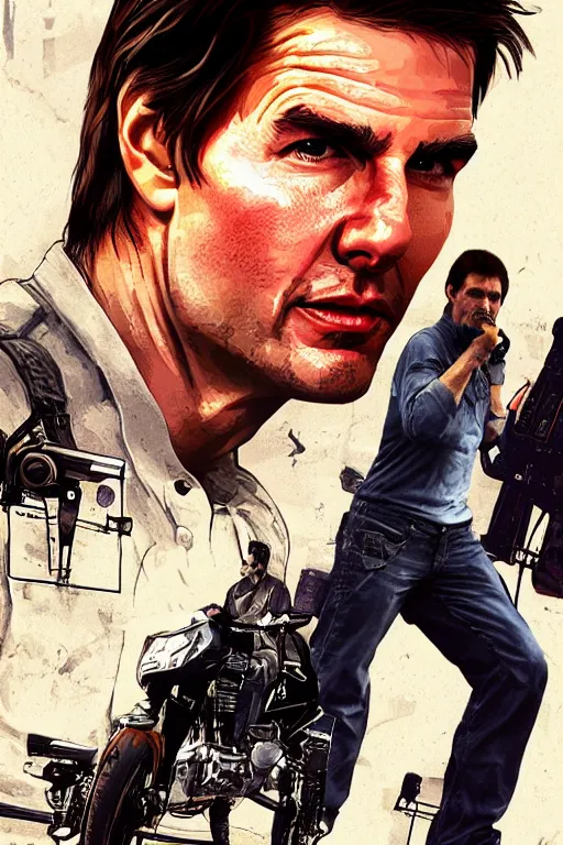 Image similar to a medium shot of tom cruise, in the style of gta 4 cover art, highly detailed, trending on artstationhq