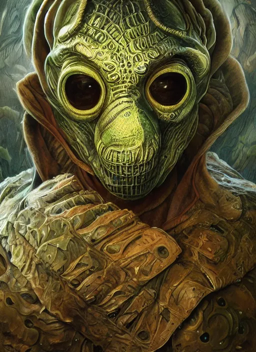 Image similar to lsd trip mf doom reptile eyes, metal bubble skin. intricate, elegant, highly detailed, centered, digital painting, artstation, concept art, smooth, sharp focus, illustration, artgerm, tomasz alen kopera, peter mohrbacher, donato giancola, joseph christian leyendecker, wlop, frank frazetta