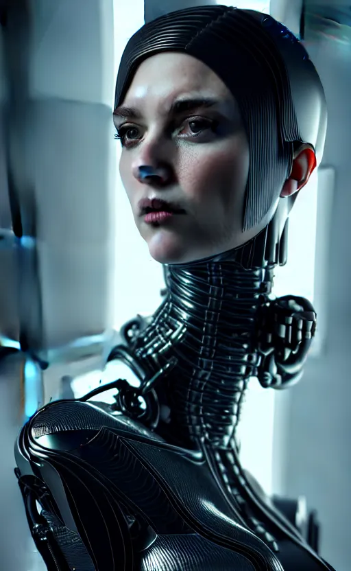 Image similar to intricate hyper detailed ultra sharp 3 d render of a beautiful smooth porcelain fascinating cyberpunk woman portrait, medium shot portrait, beautiful natural bright light, alexandre ferra mecha, haute couture, cyberpunk black shining armor, art nouveau, octane render, volumetric cinematic lighting, 8 k, vray tracing