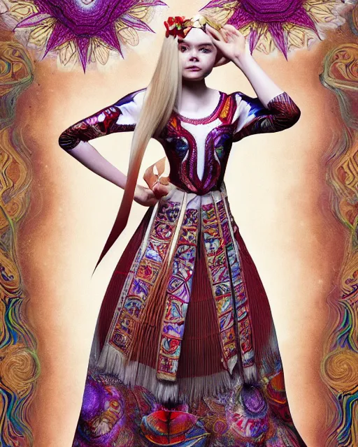 Prompt: a beautiful cute Elle Fanning wearing modern stylish costume in the style of Assamese bihu mekhela sador gamosa design, commercial fashion design art by Ernst Haeckel, face by Ross Tran and daz3d genesis iray, cinematic lighting, medium shot, mid-shot, slim female figure ramp walk model pose, highly detailed, trending on Artstation, Unreal Engine 4k, cinema 4d multi-pass ray traced, 8k fabric texture details, octane render, diffused natural skin glow