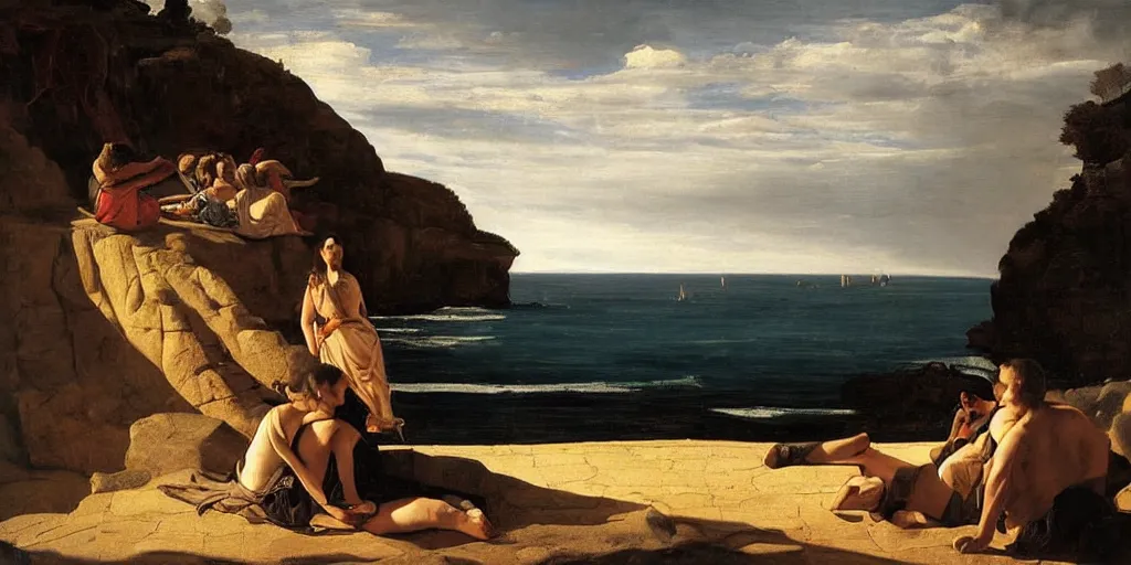 Image similar to beautiful oil matte portrait painting, people watching the stars at a portuguese cliff beach, wonderful masterpiece highly detailed, beautiful cinematic light deep focus, elegant, digital painting, smooth, sharp focus, golden ratio, dramatic illumination, ultra realistic, 8 k, art by artemisia lomi gentileschi and caravaggio