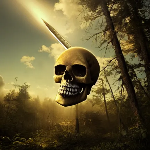 Prompt: a photorealistic giant skull with a magical sword lodged into it, in a beautiful forest with sunshine and cumulus clouds, golden hour, guro art, body horror, trending on artstation, 4K, cinematic, epic lighting, UHD, HDR