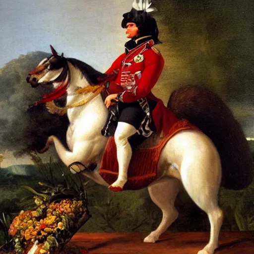 Image similar to a giant squirrel carrying napoleon bonaparte on its back, beach scene with flowers and foliage, detailed oil painting