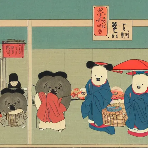 Image similar to Teddy bears shopping for groceries in the style of ukiyo-e